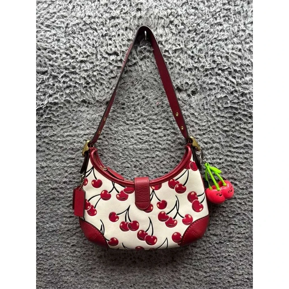 Authentic Coach Women's Leather Hamptons Hobo Bag With Cherry Print J2481-CY936